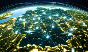 Veduta aerea grandangolare di una mappa stilizzata della Germania con 18 punti luminosi interconnessi che rappresentano i centri studio NAKO. Sovrapposta alla mappa, una rete astratta di dati sanitari (linee, grafici). Obiettivo grandangolare 15mm, messa a fuoco nitida su tutta l'immagine, luce ambientale morbida.