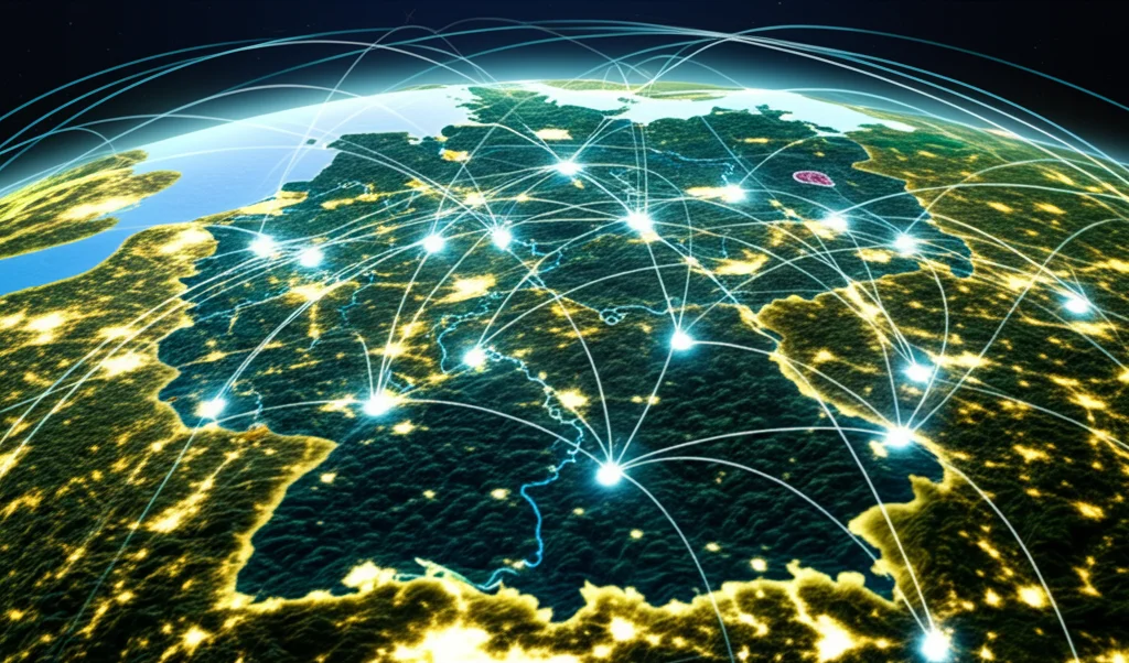 Veduta aerea grandangolare di una mappa stilizzata della Germania con 18 punti luminosi interconnessi che rappresentano i centri studio NAKO. Sovrapposta alla mappa, una rete astratta di dati sanitari (linee, grafici). Obiettivo grandangolare 15mm, messa a fuoco nitida su tutta l'immagine, luce ambientale morbida.
