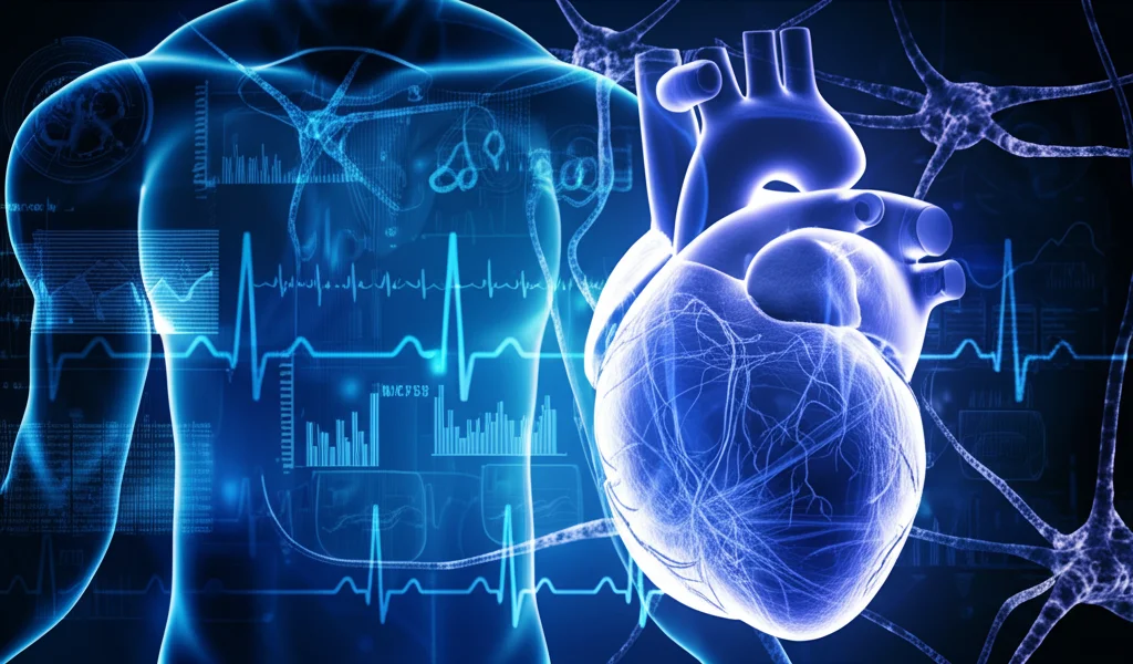 Visualizzazione concettuale del deep learning applicato ai dati medici in un contesto ospedaliero high-tech, con grafici vitali astratti e reti neurali luminose sovrapposte a un'immagine stilizzata di un cuore umano o di un altro organo, illuminazione controllata high-tech, dettagli elevati, obiettivo 35mm.