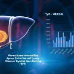 Visualizzazione medica concettuale che mostra la connessione tra l'apnea ostruttiva del sonno (vie aeree stilizzate che si restringono) e la steatosi epatica non alcolica (fegato ingrandito con evidenti accumuli di grasso), con grafici stilizzati che rappresentano gli indici TyG e METS-IR in sovrimpressione. Stile fotorealistico, illuminazione drammatica focalizzata sulle aree patologiche, profondità di campo per separare gli elementi.