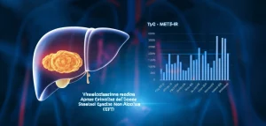 Visualizzazione medica concettuale che mostra la connessione tra l'apnea ostruttiva del sonno (vie aeree stilizzate che si restringono) e la steatosi epatica non alcolica (fegato ingrandito con evidenti accumuli di grasso), con grafici stilizzati che rappresentano gli indici TyG e METS-IR in sovrimpressione. Stile fotorealistico, illuminazione drammatica focalizzata sulle aree patologiche, profondità di campo per separare gli elementi.