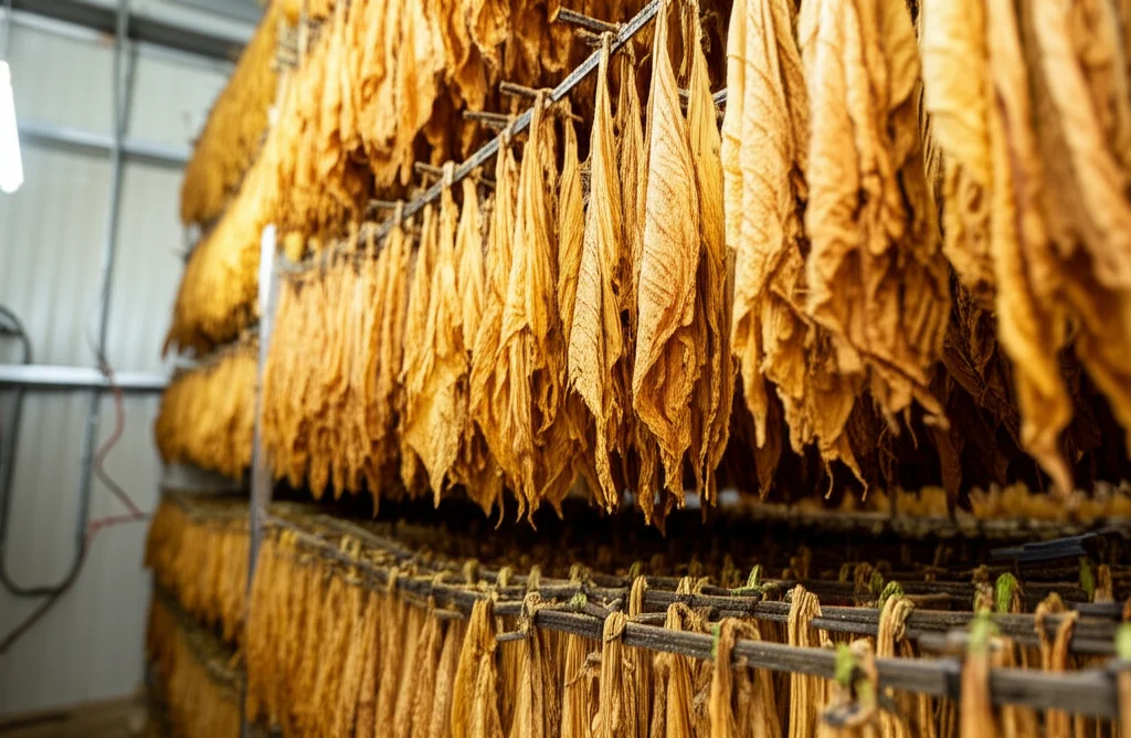 Fotografia realistica di foglie di tabacco curate, di colore giallo-bruno dorato, appese ordinatamente all'interno di un moderno impianto di essiccazione pulito. L'illuminazione è morbida e mette in risalto la qualità delle foglie e la tecnologia pulita dell'ambiente. Obiettivo prime 35mm, profondità di campo ridotta per focalizzare sulle foglie in primo piano.