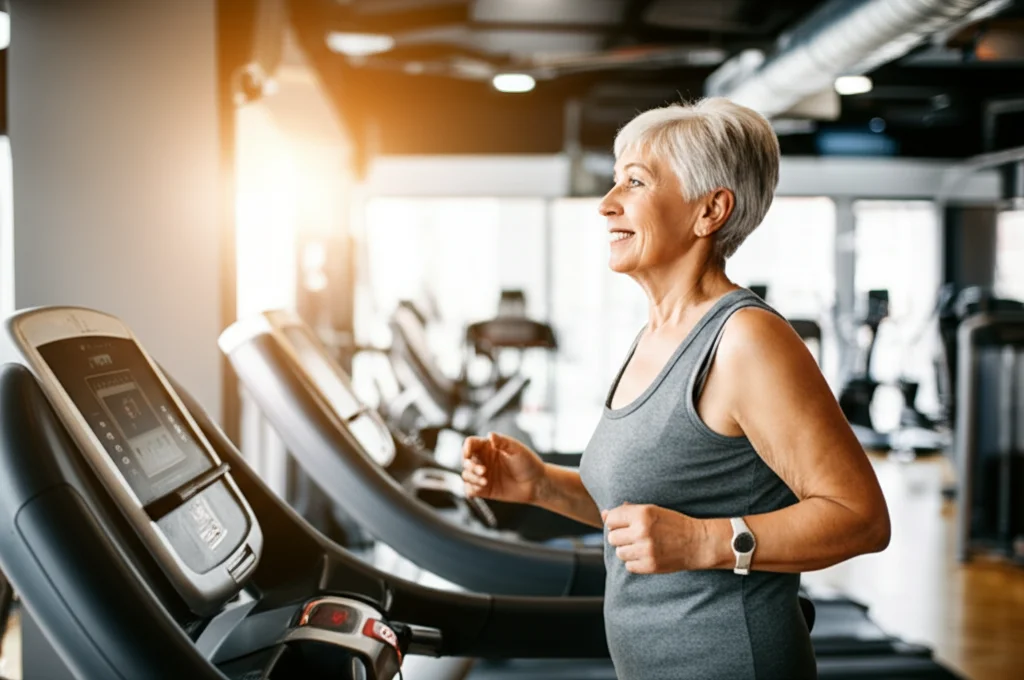 Fotografia realistica di una donna anziana sorridente (circa 70 anni) che cammina energicamente su un tapis roulant, vista laterale. Obiettivo zoom 50mm, messa a fuoco precisa sulla donna, sfondo leggermente sfocato di una palestra moderna, luce brillante e motivante.
