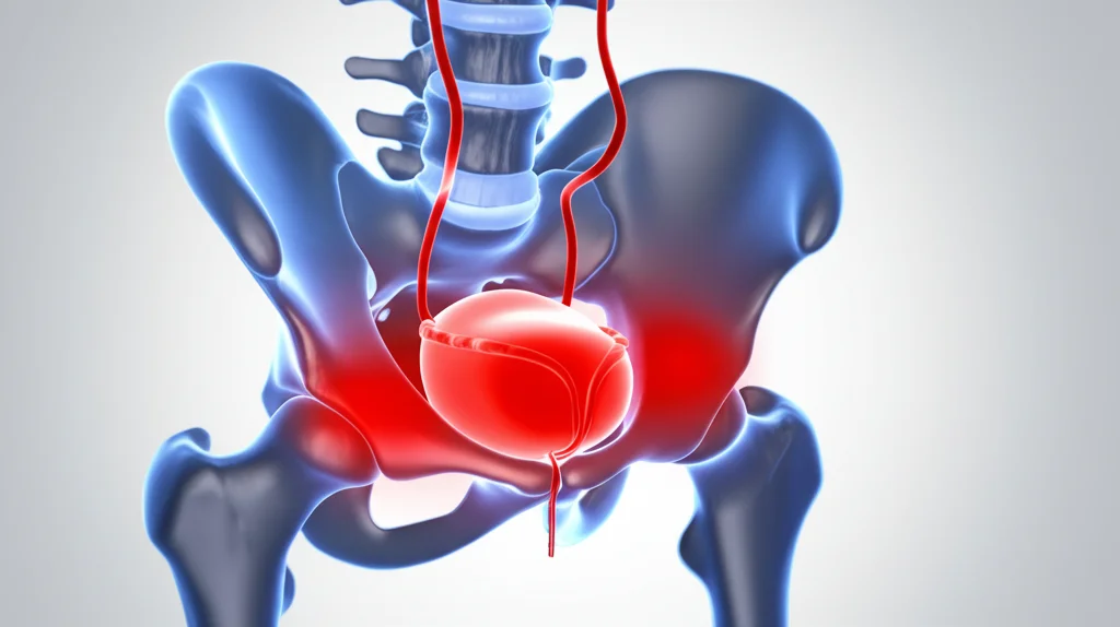 Illustrazione medica stilizzata ma realistica che sovrappone un'immagine infiammata della vescica umana con un'immagine delle articolazioni sacroiliache infiammate, simboleggiando la connessione inaspettata tra sintomi urologici e spondiloartrite. Sfondo neutro, focus sui dettagli anatomici infiammati. High detail, controlled lighting.