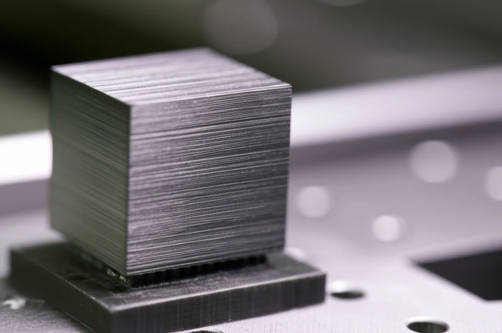 Immagine fotorealistica di un campione cubico di Invar-TiCN stampato in 3D (aspetto metallico grigio scuro con texture stratificata fine) posizionato su un banco da laboratorio accanto a un diffrattometro a neutroni stilizzato, obiettivo prime 35mm, profondità di campo ridotta, illuminazione da laboratorio controllata e focalizzata sul campione.