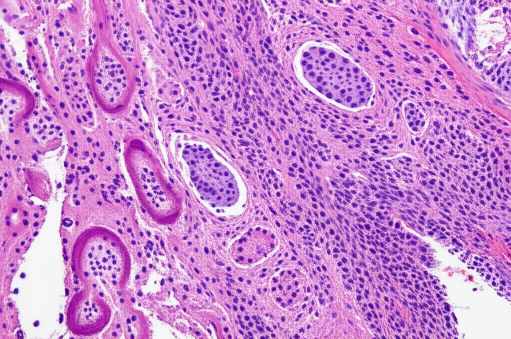 Immagine macro di una sezione di tessuto renale al microscopio, con aree normali e aree con cellule tumorali PNET visibili. Illuminazione da laboratorio precisa, obiettivo macro 90mm, alta definizione, colori vividi ma realistici.