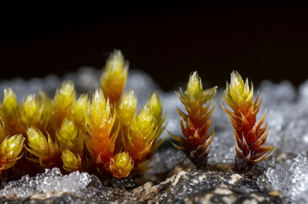 Primo piano macro di due tipi di muschio polare, Aulacomnium turgidum (Artico) e Polytrichastrum alpinum (Antartico), affiancati su un substrato roccioso con accenni di ghiaccio. Obiettivo macro 105mm, alta definizione, illuminazione laterale per esaltare le texture diverse, focus preciso sulle strutture delle piante.