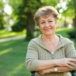 Ritratto fotografico di una donna anziana (70 anni) attiva e sorridente in un parco, luce naturale morbida, obiettivo prime 35mm, profondità di campo, colori naturali vivaci, espressione serena.
