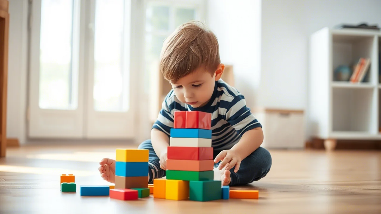 Un bambino in età prescolare seduto per terra in una stanza luminosa, assorto nella costruzione di una torre con blocchi colorati. Fotografia ritratto, obiettivo 50mm, profondità di campo ridotta per sfocare lo sfondo, luce naturale da finestra laterale, espressione concentrata.