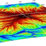 Veduta aerea satellitare della faglia di Muji nell'altopiano del Pamir, Cina occidentale. Sovrapposti alla topografia montuosa, dati InSAR visualizzati con colori vivaci (interferogramma) mostrano le aree di deformazione del suolo legate allo scorrimento cosismico e asismico. Obiettivo grandangolare 20mm, paesaggio, messa a fuoco nitida su tutta l'immagine, alta risoluzione, luce diurna naturale che accentua le caratteristiche geologiche.
