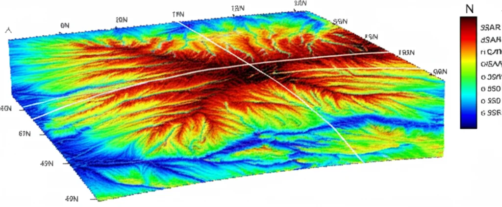 Veduta aerea satellitare della faglia di Muji nell'altopiano del Pamir, Cina occidentale. Sovrapposti alla topografia montuosa, dati InSAR visualizzati con colori vivaci (interferogramma) mostrano le aree di deformazione del suolo legate allo scorrimento cosismico e asismico. Obiettivo grandangolare 20mm, paesaggio, messa a fuoco nitida su tutta l'immagine, alta risoluzione, luce diurna naturale che accentua le caratteristiche geologiche.