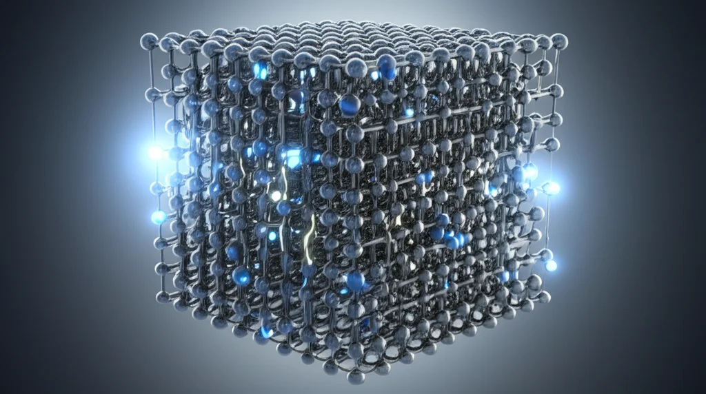 Visualizzazione artistica astratta del concetto di idrogeno (sfere blu luminose) che interagisce con la struttura atomica di un metallo BCC (reticolo grigio metallico), mostrando sia il movimento che il blocco delle dislocazioni (linee di difetto luminose), obiettivo macro 60mm, alta definizione, illuminazione drammatica controllata, profondità di campo.