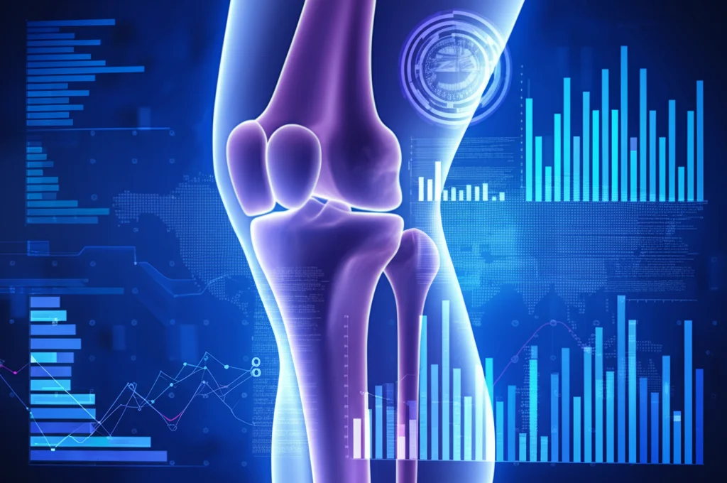 Visualizzazione astratta di dati digitali e grafici predittivi sovrapposti a un'immagine stilizzata di un'articolazione umana (ginocchio o anca), con colori high-tech blu e viola, simboleggiando l'uso del machine learning per la previsione del rischio di artrosi. Illuminazione controllata, high detail, obiettivo macro 90mm.