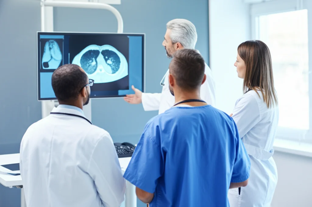 Fotografia in stile reportage di un team medico multidisciplinare (MDT) composto da chirurghi, oncologi, radiologi e infermieri in camice, riuniti in una sala moderna e luminosa. Stanno osservando attentamente una scansione polmonare su un grande schermo. Atmosfera di collaborazione e concentrazione. Obiettivo 35mm, luce naturale filtrata da una finestra, profondità di campo media.