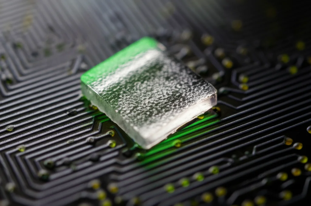 Fotografia still life di un pezzo flessibile e trasparente di idrogel ionico PGS-Ca2+/LiCl appoggiato su una superficie high-tech illuminata, con circuiti flessibili visibili sullo sfondo. Obiettivo macro 100mm, alta definizione, illuminazione controllata per enfatizzare la trasparenza e il potenziale tecnologico.