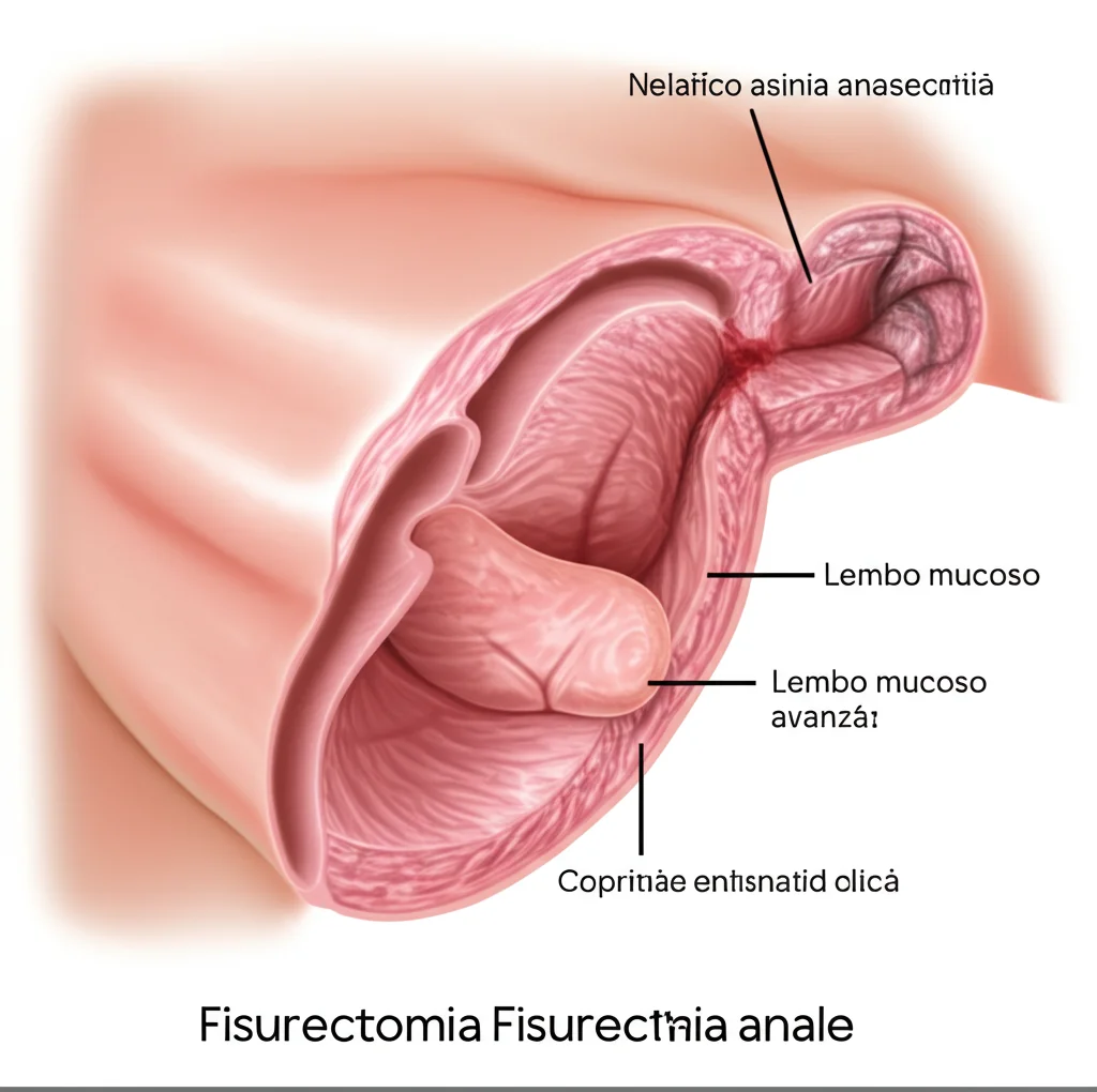 Illustrazione medica dettagliata che mostra la procedura di fissurectomia con anoplastica nella regione anale, evidenziando il lembo mucoso avanzato per coprire il difetto, stile grafico chiaro e preciso, alta definizione.