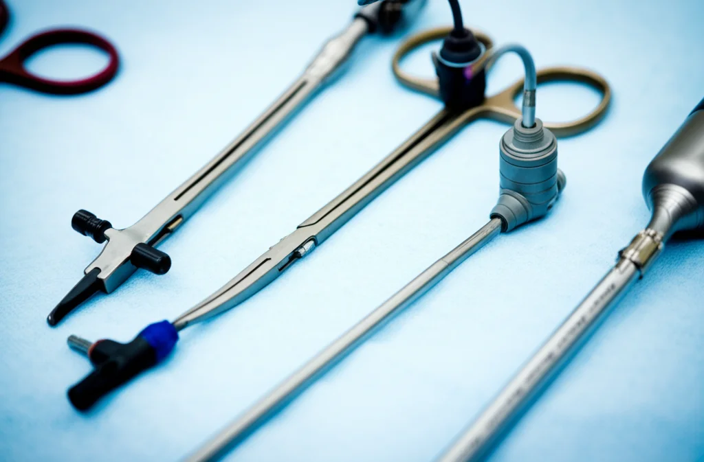 Immagine fotorealistica altamente dettagliata di strumenti chirurgici endoscopici avanzati disposti ordinatamente su una superficie sterile, suggerendo precisione e innovazione nella chirurgia ginecologica, lenti macro, 60 mm, illuminazione controllata.
