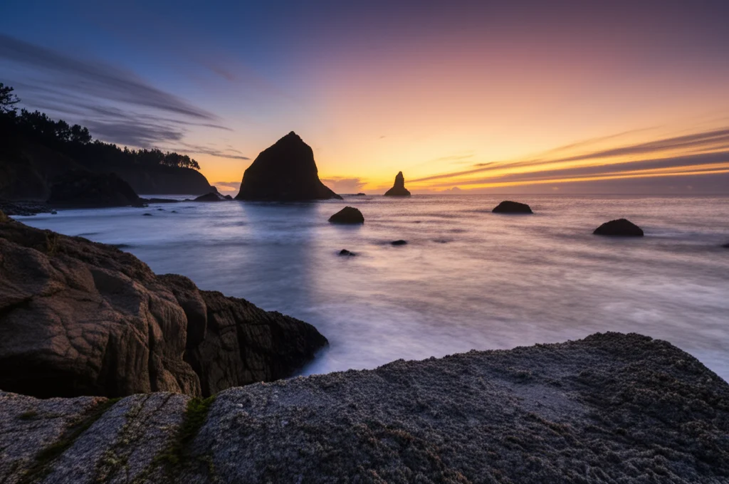 Immagine grandangolare di una costa frastagliata dell'Oregon al tramonto, obiettivo 15mm, lunga esposizione per rendere l'acqua setosa, messa a fuoco nitida sulle rocce in primo piano, cielo con colori caldi, simboleggia la bellezza minacciata dal cambiamento climatico e la necessità di azione collettiva basata sull'efficacia relazionale.