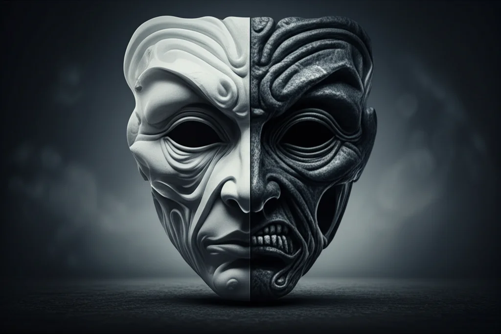 Immagine simbolica che rappresenta il dilemma tra vendetta e perdono: due maschere contrapposte, una serena e una rabbiosa, illuminate da una luce divisa a metà. Obiettivo 50mm, stile duotone blu e grigio scuro, profondità di campo che sfoca leggermente lo sfondo per concentrarsi sulle maschere.