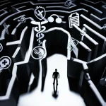 Immagine simbolica che rappresenta le barriere alla diagnosi di ME/CFS: una figura stilizzata cerca di attraversare un labirinto complesso fatto di cartelle cliniche e simboli di etnia, genere ed età. Obiettivo 50mm, illuminazione drammatica con ombre profonde, stile film noir per enfatizzare la difficoltà e l'ineguaglianza.