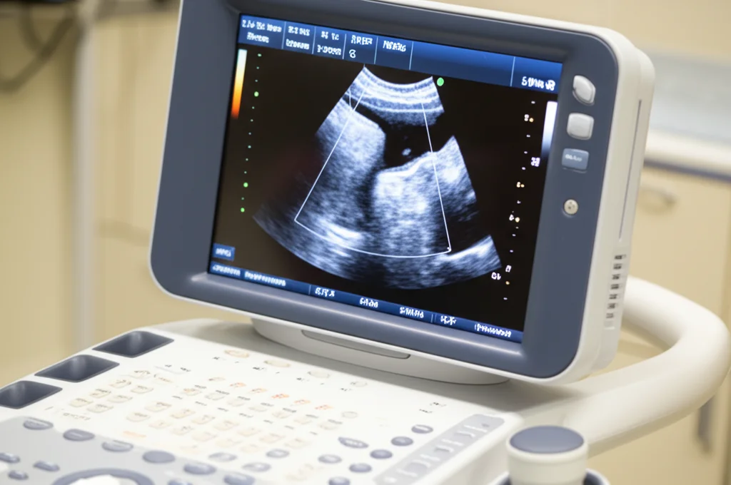 Primo piano di un esame ecografico addominale focalizzato sullo stomaco di un paziente, con lo schermo dell'ecografo visibile che mostra misurazioni in tempo reale della motilità gastrica. Obiettivo prime 50mm, profondità di campo, illuminazione controllata per un aspetto clinico realistico e professionale.