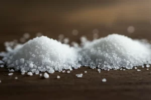 Primo piano di un mucchietto di sale bianco normale accanto a un mucchietto di sostituto del sale (leggermente più opaco e granuloso) su una superficie di legno scuro. Luce naturale laterale che crea ombre morbide, obiettivo macro 90mm, alta definizione dei cristalli, sfondo sfocato che suggerisce un ambiente di cucina salutare.