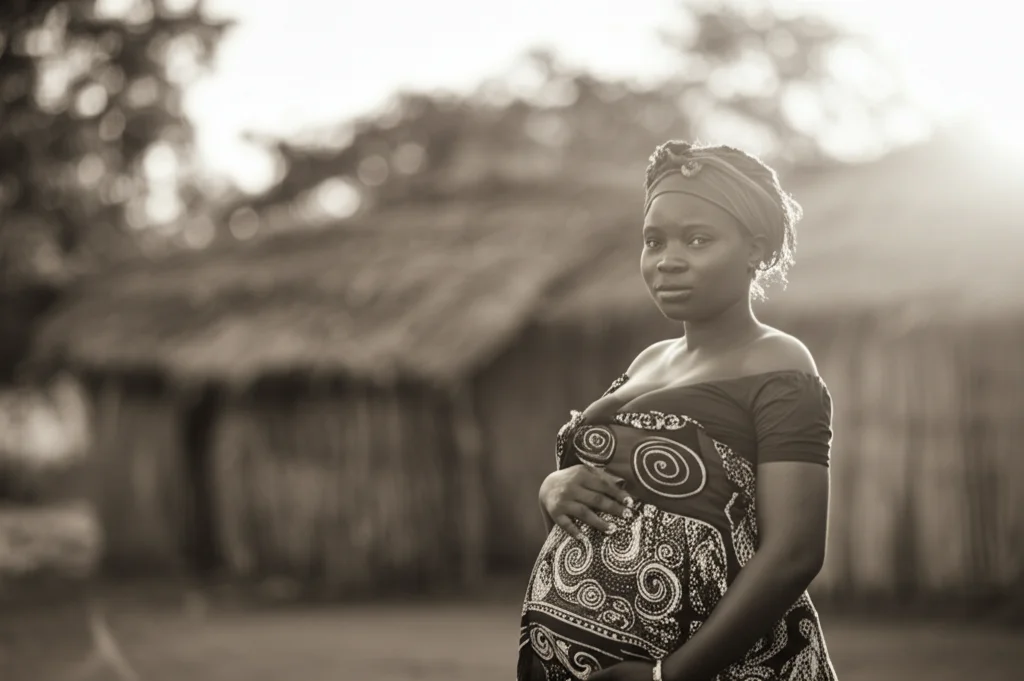 Ritratto intenso di una giovane donna incinta africana in un contesto rurale, guarda direttamente verso la camera con espressione seria ma speranzosa. Luce calda del tardo pomeriggio, lente prime 50mm, profondità di campo ridotta per sfocare lo sfondo, bianco e nero con leggero viraggio seppia.