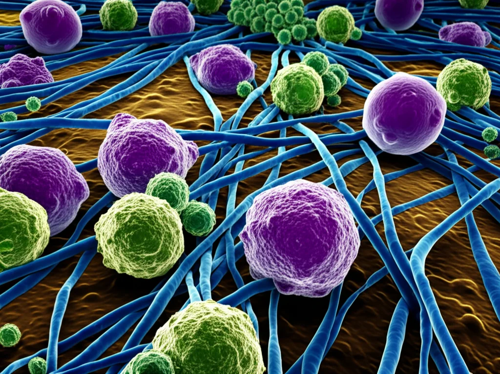 Visualizzazione artistica del microambiente tumorale ovarico con cellule tumorali (sfere irregolari viola), cellule stromali allungate (blu) e cellule immunitarie sferiche (verdi e gialle) che interagiscono fisicamente. Obiettivo macro 85mm, illuminazione drammatica laterale che crea ombre profonde, alta definizione dei dettagli cellulari, colori vibranti ma realistici.