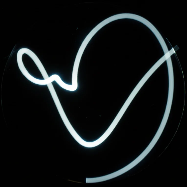 Visualizzazione artistica di una complessa struttura tridimensionale (3-varietà) con elementi simmetrici che rappresentano l'azione di un gruppo finito. In primo piano, due curve luminose simboleggiano l'insieme fisso di un'involuzione iperellittica. Obiettivo grandangolare 20mm, lunga esposizione per catturare dettagli e movimento implicito, messa a fuoco nitida sulla struttura centrale.