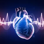 Visualizzazione astratta e high-tech del cuore umano con onde sonore stilizzate (PCG), segnali elettrici luminosi (ECG) e linee che rappresentano il flusso sanguigno dall'arteria radiale che si intrecciano attorno ad esso. Illuminazione drammatica blu e rossa, stile fotorealistico, alta definizione, sfondo scuro tecnologico.