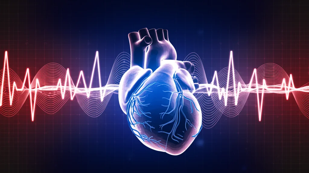 Visualizzazione astratta e high-tech del cuore umano con onde sonore stilizzate (PCG), segnali elettrici luminosi (ECG) e linee che rappresentano il flusso sanguigno dall'arteria radiale che si intrecciano attorno ad esso. Illuminazione drammatica blu e rossa, stile fotorealistico, alta definizione, sfondo scuro tecnologico.