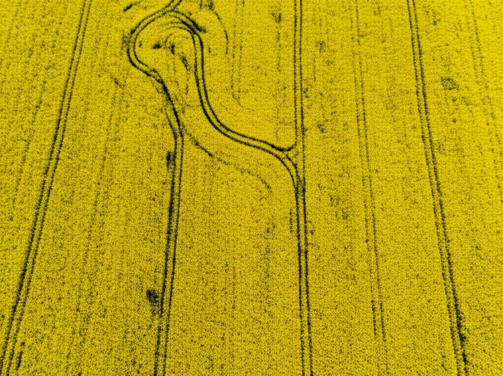 Campo di colza dorato in piena fioritura visto dall'alto tramite drone, fotografia paesaggistica con obiettivo grandangolare 20mm, messa a fuoco nitida sull'intera estensione del campo, luce solare brillante, colori vividi, alta risoluzione.