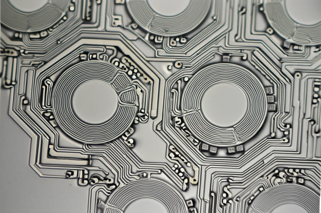 Fotografia macro realistica, obiettivo 60mm, di un chip MEMS BAW Multi-DoF (AlN-su-SOI) che mostra chiaramente i dischi risonanti accoppiati (2 o 3 dischi visibili) e gli intricati pattern degli elettrodi sulla superficie. Illuminazione da cleanroom che enfatizza i dettagli micro-ingegneristici e la pulizia del dispositivo. Alta definizione, messa a fuoco precisa sulla struttura centrale del risonatore.