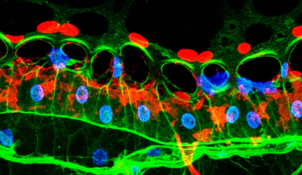 Illustrazione fotorealistica del corno dorsale del midollo spinale, con astrociti Hes5+ evidenziati in verde fluorescente che interagiscono strettamente con sinapsi tra fibre afferenti primarie (rosse) e neuroni della lamina I (blu). L'immagine usa un obiettivo macro 105mm virtuale per un'alta definizione dei dettagli cellulari e sinaptici, con illuminazione controllata che mette in risalto le interazioni tra astrociti e neuroni nel contesto della trasmissione del dolore.