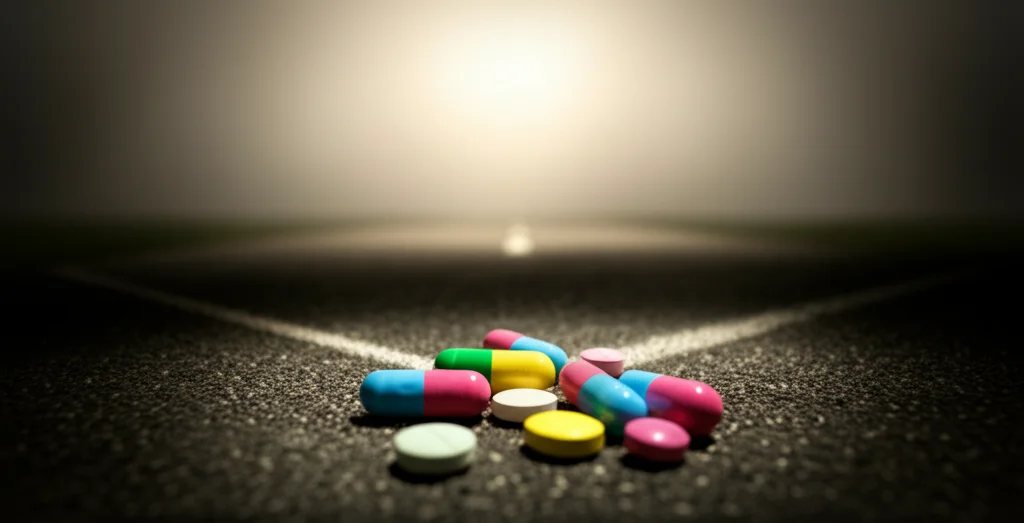 Immagine concettuale che rappresenta il dilemma della sospensione degli antidepressivi: una strada che si biforca in un paesaggio nebbioso, un sentiero porta verso una luce solare fioca in lontananza (benessere), l'altro si perde nell'oscurità e nella nebbia (incertezza/ricaduta). Alcune pillole colorate sono sparse all'inizio del bivio. Obiettivo grandangolare 24mm, luce drammatica con contrasto tra luce e ombra, messa a fuoco nitida sul bivio, long exposure per rendere la nebbia più eterea.