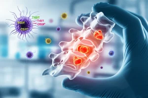 Immagine concettuale fotorealistica: una mano guantata da scienziato tiene delicatamente un modello 3D trasparente di un osso vertebrale con aree rosse luminose che indicano metastasi. Intorno all'osso fluttuano rappresentazioni stilizzate di cellule immunitarie (T, NK, macrofagi) con recettori TIGIT e CD39 evidenziati. Sfondo di laboratorio high-tech sfocato, profondità di campo, illuminazione focalizzata sull'osso, obiettivo prime 50mm.