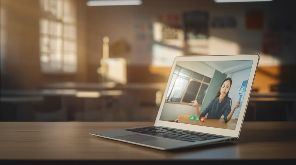 Immagine fotorealistica che simboleggia l'interfaccia tra tecnologia e supporto scolastico: uno schermo di laptop che mostra una videochiamata con uno psicologo è posizionato su una scrivania in un'aula vuota ma accogliente. Obiettivo 35mm, luce calda del tardo pomeriggio, profondità di campo che sfoca leggermente lo sfondo dell'aula.