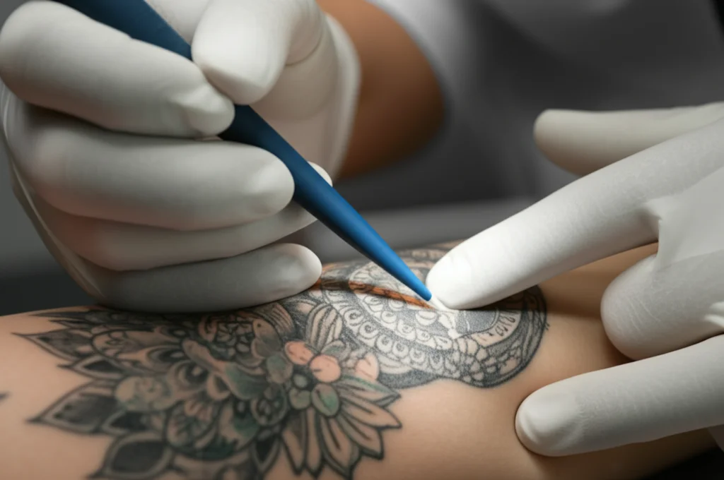 Immagine fotorealistica, obiettivo macro 60mm, primo piano di un tatuaggio vibrante sulla pelle accanto alla luce di esame di un dermatologo, alta definizione, messa a fuoco precisa, illuminazione controllata, suggerendo un controllo sanitario.