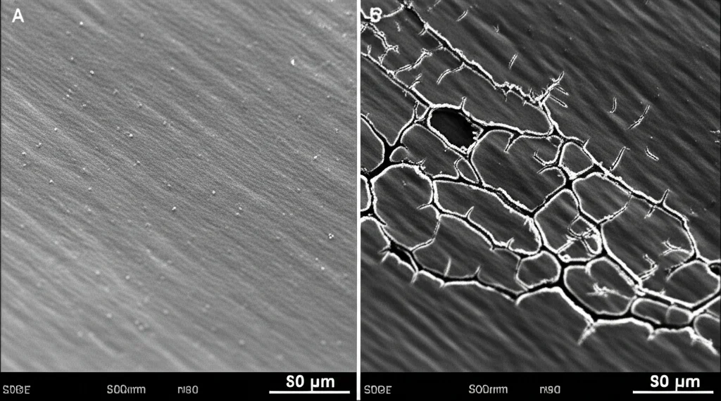 Primo piano fotorealistico di un catodo di zolfo per batterie di nuova generazione, rivestito da un sottile strato polimerico trasparente e super-elastico (pH1V1) che ne previene le crepe durante i cicli di carica/scarica. L'illuminazione è high-tech da laboratorio, si usa un obiettivo macro da 90mm per catturare l'alta definizione della superficie liscia e integra del catodo rivestito, contrastando idealmente con un'area non rivestita che mostra micro-crepe.