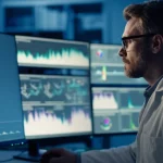 Ricercatore scientifico in un moderno laboratorio di bioinformatica, concentrato su uno schermo di computer che mostra un complesso modello 3D interattivo di una proteina vaccinale legata a un recettore cellulare (TLR). Sullo sfondo, altri schermi con dati e grafici di simulazioni molecolari. Fotografia ritratto, obiettivo 35mm, profondità di campo controllata, illuminazione da laboratorio high-tech, toni blu e grigi duotone.