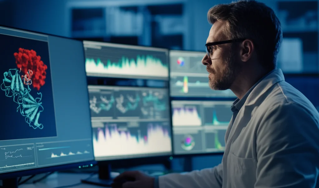Ricercatore scientifico in un moderno laboratorio di bioinformatica, concentrato su uno schermo di computer che mostra un complesso modello 3D interattivo di una proteina vaccinale legata a un recettore cellulare (TLR). Sullo sfondo, altri schermi con dati e grafici di simulazioni molecolari. Fotografia ritratto, obiettivo 35mm, profondità di campo controllata, illuminazione da laboratorio high-tech, toni blu e grigi duotone.