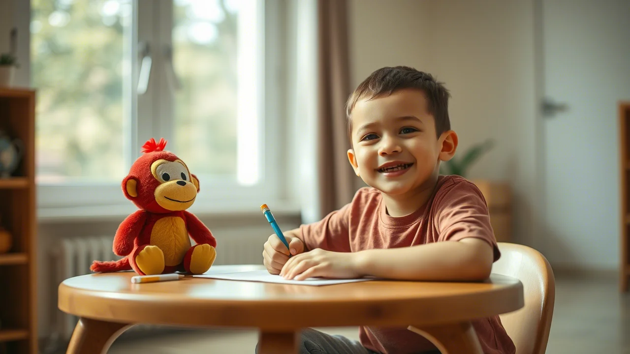 Un bambino piccolo, di circa 6 anni, disegna sorridendo seduto a un tavolo basso in una stanza luminosa e accogliente. Accanto a lui, un pupazzo colorato (simile a Monkey Bob). Obiettivo 35mm, luce calda e naturale, leggero effetto bokeh sullo sfondo per concentrarsi sul bambino e sull'attività creativa. Simboleggia speranza, gioco terapeutico e recupero.