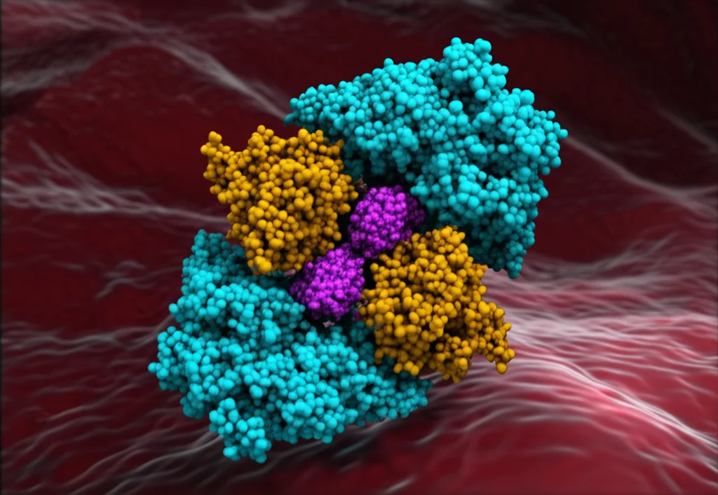 Visualizzazione 3D del complesso dell'inflammasoma NLRP3 attivato dalla proteina NEK7 all'interno di una cellula pancreatica, con dettagli molecolari precisi e illuminazione drammatica che evidenzia l'interazione tra le proteine. Obiettivo macro 100mm, alta definizione, sfondo scuro per risaltare la struttura.