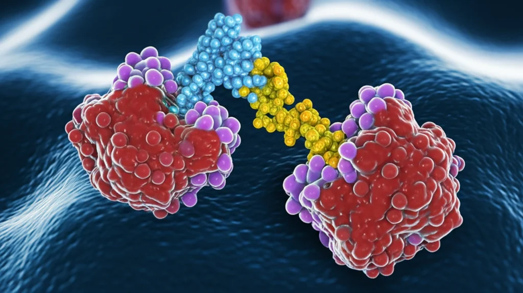 Visualizzazione 3D fotorealistica di una molecola di lncRNA (LINC00704) che interagisce con miRNA (miR-323a-3p) e influenza una cellula tumorale ovarica epiteliale visibile sullo sfondo. Stile scientifico dettagliato con profondità di campo per mettere a fuoco l'interazione molecolare, illuminazione suggestiva e drammatica, focale prime lens 50mm.