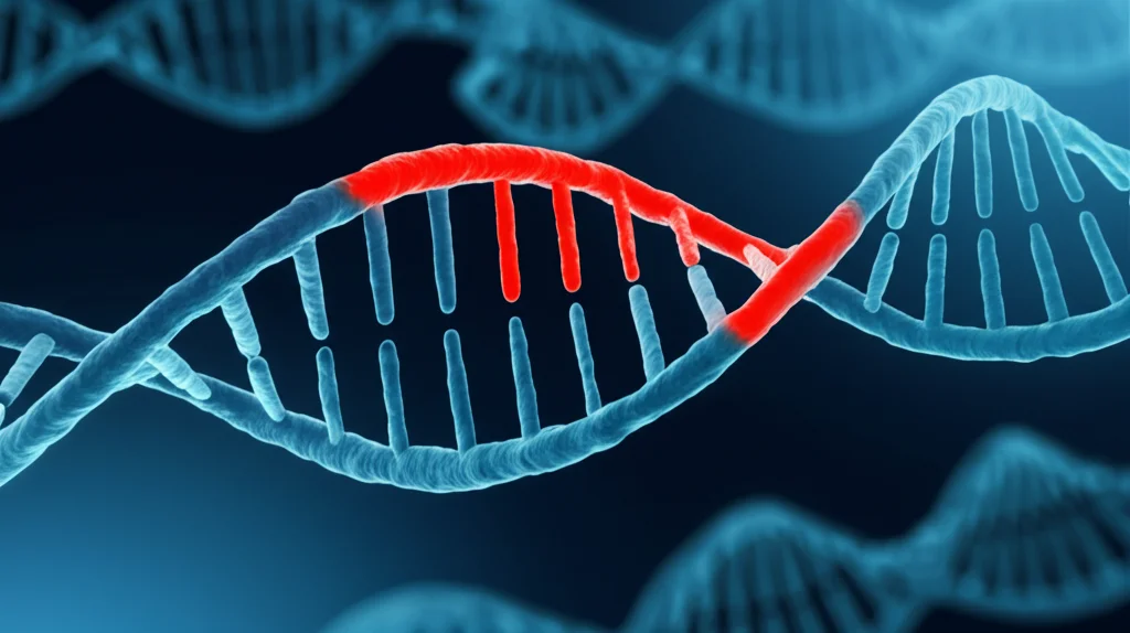 Visualizzazione astratta di una sequenza di DNA stilizzata su sfondo blu scuro, con una sezione evidenziata in rosso a rappresentare una microdelezione nel centro di imprinting IC1, concetto di genetica e ricerca sulla sindrome di Beckwith-Wiedemann, stile fotorealistico, alta definizione.