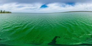 Fioritura intensa di cianobatteri sulla superficie di un lago, acqua verde brillante sotto un cielo parzialmente nuvoloso, fotografia paesaggistica grandangolare 20mm, colori vividi, leggera increspatura dell'acqua.