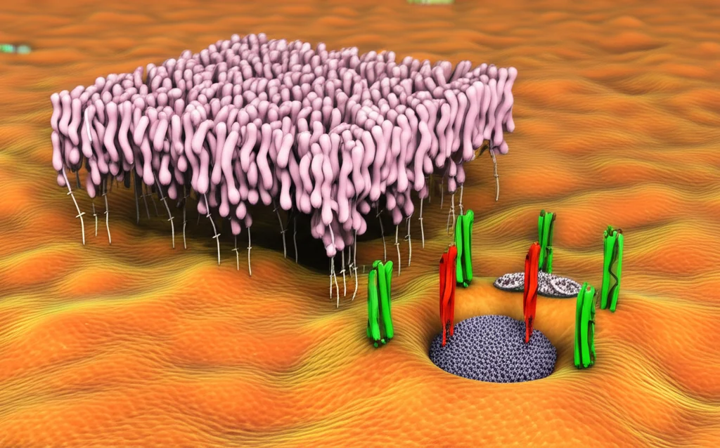 Illustrazione fotorealistica 3D del complesso proteico MYC-URI-MDM2 che interagisce con la proteina p53 all'interno di una cellula del colon, evidenziando il meccanismo di degradazione. Obiettivo macro 100mm, alto dettaglio, illuminazione focalizzata.