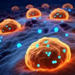 Illustrazione scientifica stilizzata che mostra linfociti B nel tessuto polmonare che rilasciano molecole di acetilcolina (rappresentate come piccole sfere luminose blu) verso macrofagi interstiziali (arancioni), modulando la risposta infiammatoria antivirale. Sfondo dettagliato di alveoli polmonari. Lente prime 35mm, profondità di campo, colori blu e arancione duotone.