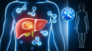 Immagine concettuale medica che illustra la connessione tra acido urico, fegato grasso e diabete, con differenze di genere. In primo piano, un modello 3D stilizzato di un fegato umano con evidenti depositi di grasso (steatosi). Accanto, fluttuano molecole di acido urico e il simbolo internazionale del diabete (cerchio blu). Sullo sfondo, separate da una linea verticale, le silhouette stilizzate di un uomo e una donna. Illuminazione drammatica con un fascio di luce che evidenzia il fegato e le molecole. Focus selettivo sul fegato. Stile fotorealistico ma concettuale.