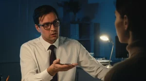 Immagine fotorealistica di un intervistatore che parla con calma ma con urgenza a una persona in un contesto operativo teso, forse una sala riunioni improvvisata, luce drammatica, obiettivo 50mm, profondità di campo ridotta per focalizzare sui volti, stile film noir.